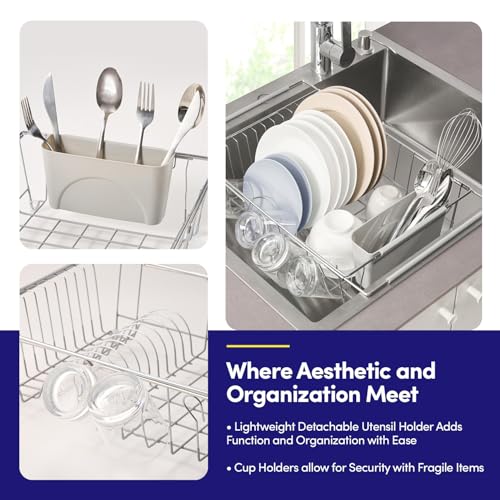 Dish Drying Rack Over the Sink Expandable to 24.5" Dish Drainer (Silver / 15.75" x 12" x 5")