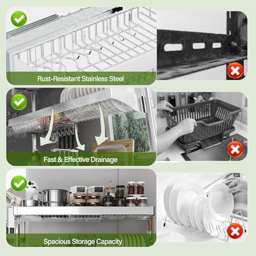 Over The Sink Dish Drainer Drying Rack 3 Tier (Silver / 3 Tier with Flat Grid)