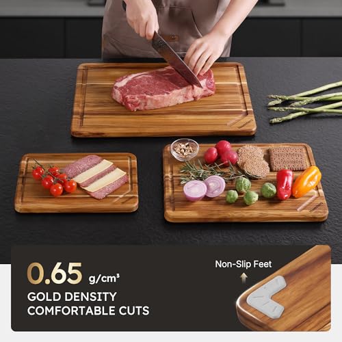 3 Pack Teak Wood Cutting Boards for Kitchen Wooden Chopping Board Non Toxic (Set of 3)