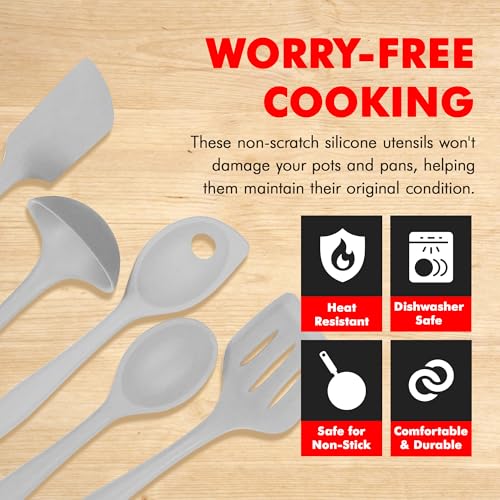 Premium Silicone Kitchen Tools and Utensils Set (5 Piece Set / Gray)