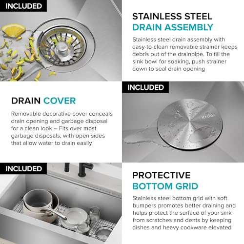 Kore 30 Inch Rounded Farmhouse Workstation with In Sink Dish Drying Rack (30 Inch / Rounded Farmhouse / Stainless Steel)