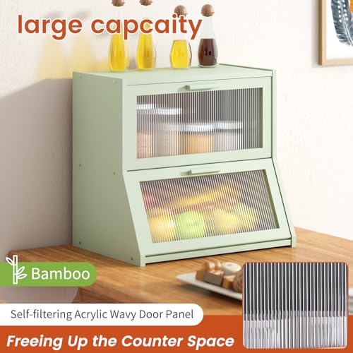 Double Layer Bamboo Bread Box for Kitchen Counter (Light Green / Extra Large)
