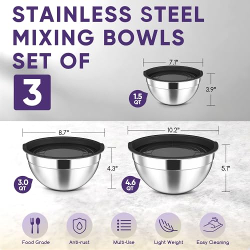 Stainless Steel Mixing Bowls with Lids Set of 3 (Black / 4.6, 3, 1.5QT)