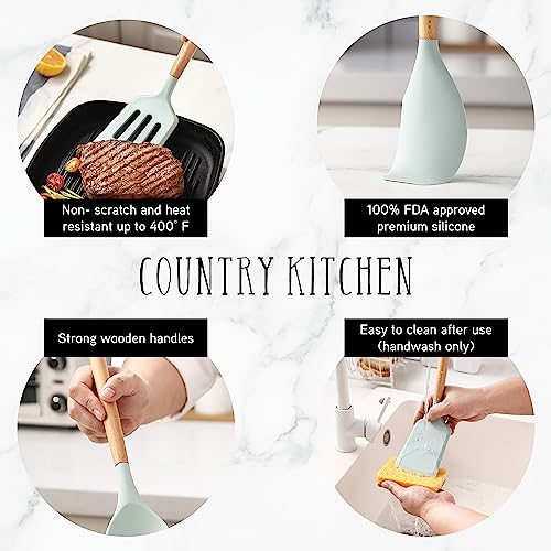 Non Stick Silicone Utensil Set with Rounded Wood Handles for Cooking and Baking (14 Piece Set / Mint)