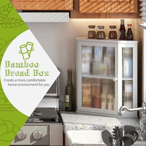 Corner Bread Box for Kitchen Countertop Double Layer Bamboo Wooden Bread box Large Capacity Bread Storage Bin (White / Extra Large)