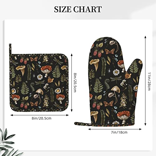 Mushroom Oven Mitts Pot Holders Set Silicone Vintage Magic Leaf Kitchen Gloves Potholders Heat Resistant for Chef Baking Cooking Grilling BBQ 4 Pack Mitt (A1)