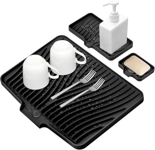 Silicone Dish Drying Mat for Kitchen counter (Black-Set / 19.7" x 17")