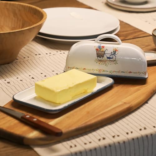 Enamel Butter Dish with Lid Vintage Enamelware Butter Keeper with Flower and Bee Patterns Farmhouse Butter holder Butter container for Kitchen Decor
