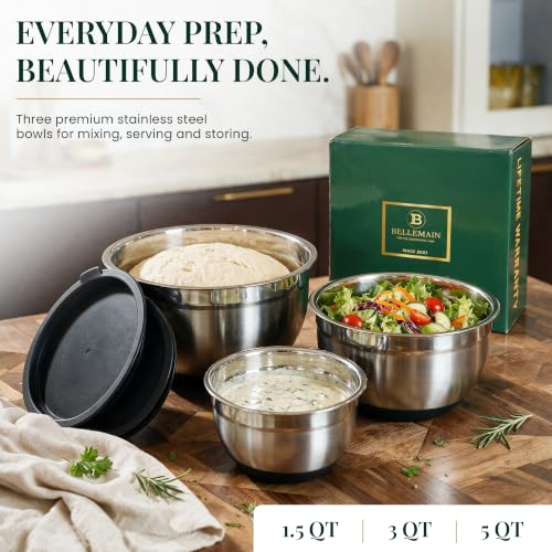 Stainless Steel Mixing Bowls with Airtight Lids Set (Silver/Black / 3 Piece)