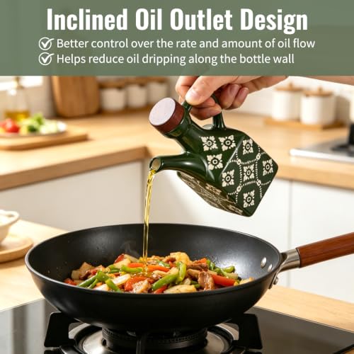 2 Pack 8.5 oz Ceramic Olive Oil Dispenser Bottle Decorative Olive Oil Dispenser Bottle with Handle & Wooden Stopper Relief Opaque Ceramic Oil Cruet for Kitchen Cooking Oil Vinegar (Blue/Green)