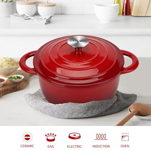 6 Quart Enameled Cast Iron Dutch Oven with Lid (Red / 6QT)