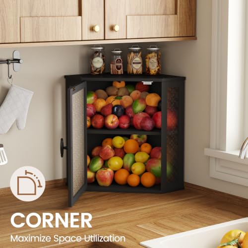 Corner Bread Box for Kitchen Countertop Double Layer Bamboo Wood Large Capacity Bread Storage Container Retro Vintage Farmhouse (Black / Extra Large)