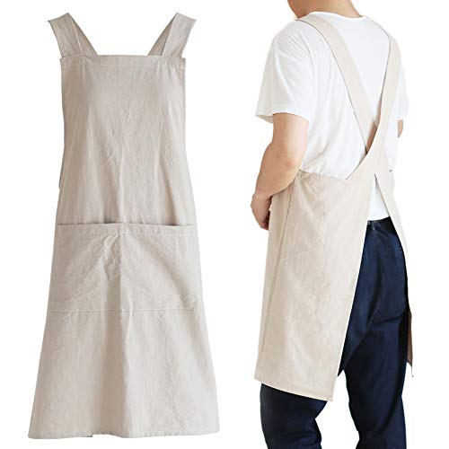 Japanese Cotton Linen Cross Back Cooking Apron for Women Men with Pockets Cute for Baking Kitchen