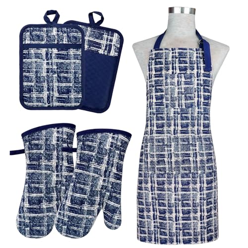 Oven Mitts and Pot Holders with Chef Apron (Navy)