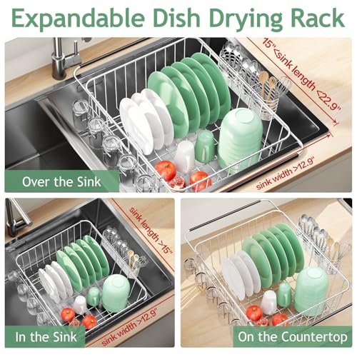 Dish Drying Rack in Sink (Large With Cup Holder - 14.96×12.6×5.87 Inches)