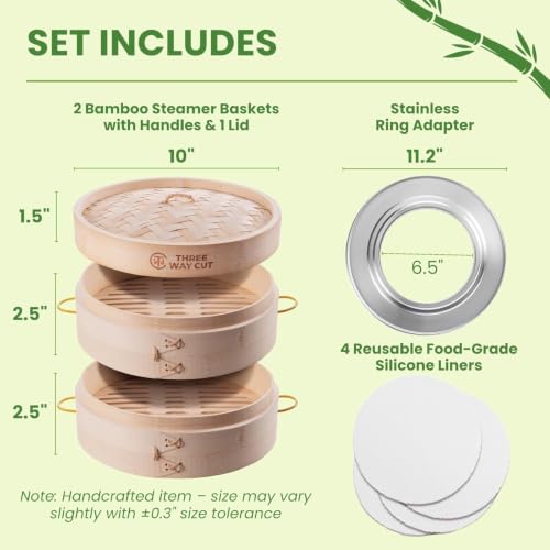 Bamboo Steamer 10 Inch 2 Tier Wooden Basket With Handle Regular Family