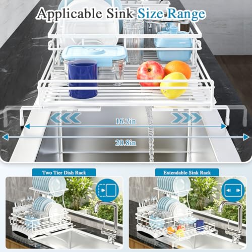 2 Tier Dish Drying Rack (White / 2-Tier Dish Rack 16.7"W X 14.8"H 12.8"-20.8")
