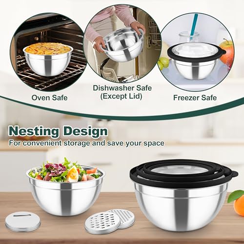 Stainless Steel Mixing Bowls with Transparent Lids & Graters Set
