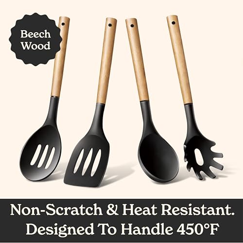 Non Stick Silicone Utensil Set with Rounded Wood Handles for Cooking and Baking (8 Piece Set / Black)