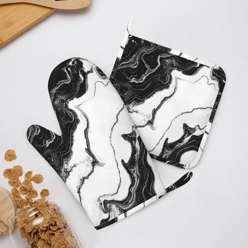 Oven Mitts and Pot Holders Marble Black White Liquid Abstract Silicone Kitchen Accessories Set of 4 Heat Resistant Long Gloves Potholder Non (A0992)