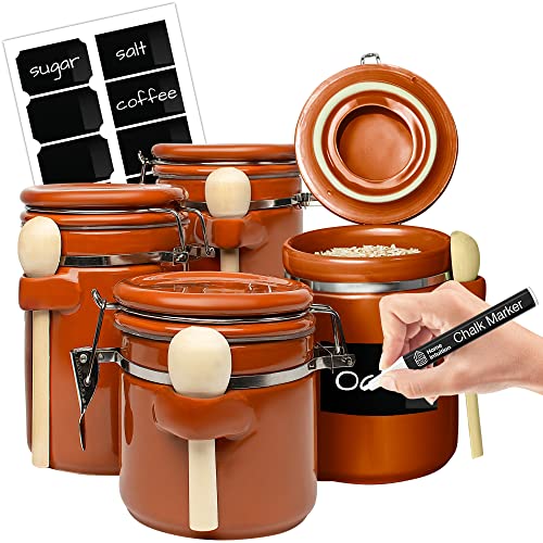 4 Piece Ceramic Kitchen Canisters Set Airtight Containers with Wooden Spoons For Sugar