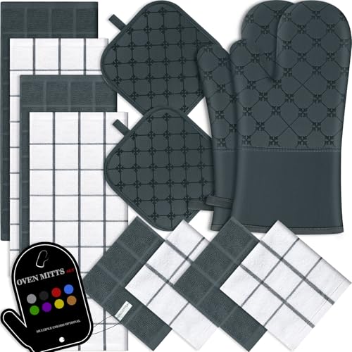 Oven Mitts Kitchen Towels Dishcloths with Pot Holders Sets 12PCS (Deep Green)