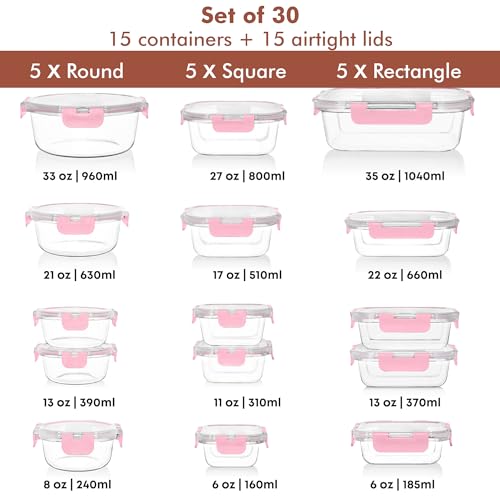 30 PC Glass Food Storage Containers with Lids (Pink)
