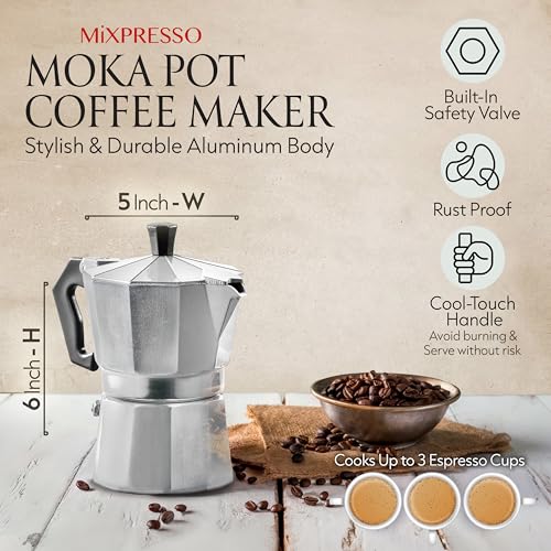 3 Cup Moka Pot Stovetop Espresso Maker (Stainless Steel / 3 Espresso Cups)