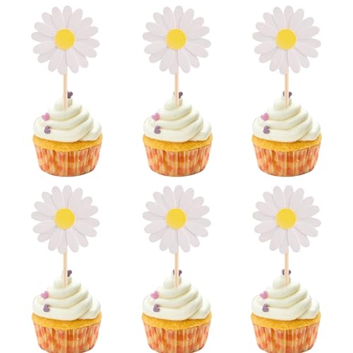 24Pcs Daisy Cupcake Toppers Flower Cake Topper Decorations Daisy Cake Decorations Chrysanthemum Cupcake Toppers Spring Daisy Flower Cake Picks