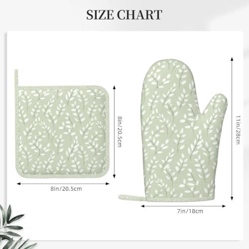 Oven Mitts and Pot Holders Set Sage Green Botanical Leaf Silicone Kitchen Accessories 4 Piece Heat Resistant Long Gloves Potholder Non (C12)