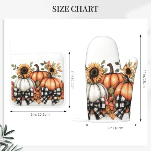 Oven Mitts and Pot Holders Set Pumpkin Thanksgiving Fall Silicone Kitchen Accessories 4 Piece Heat Resistant Long Gloves Potholder Non (C03)