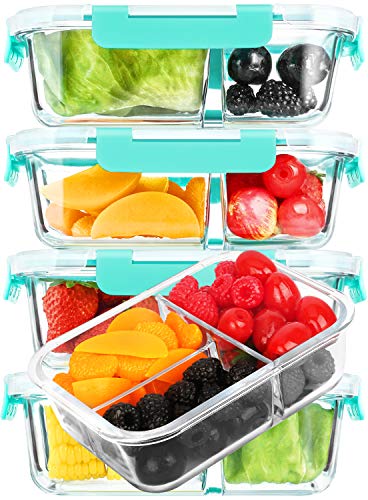 5-Packs, 36 Oz.] Glass Meal Prep Containers (3 Compartments)