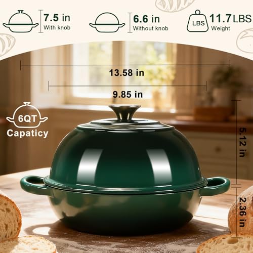 6QT Enameled Cast Iron Dutch Oven for Sourdough Bread Baking (Midnight Green)