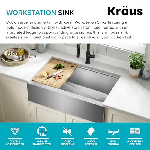Kore 33 Inch Farmhouse Workstation with In Sink Dish Drying Rack (33 Inch / Flat Farmhouse / Stainless Steel)