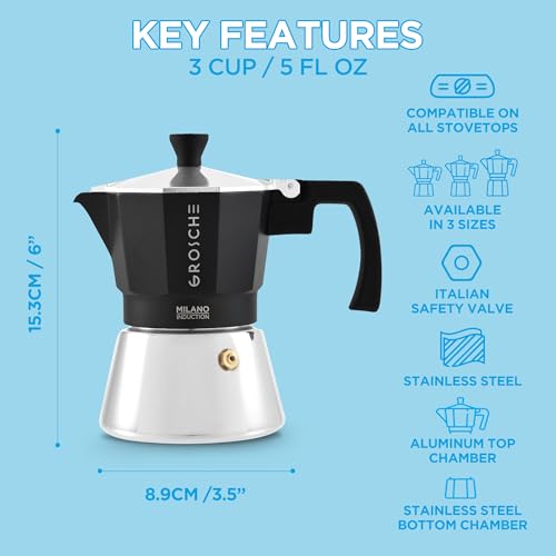 Milano Induction Stovetop Espresso Maker Moka Pot 3 Cup (3 espresso cups / Induction, Black)
