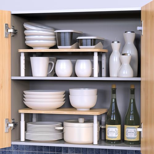 Bamboo Cabinet Organizer Shelf with 4 Height Adjustable