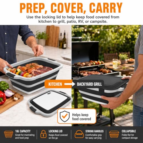 Collapsible BBQ Prep Tub with Cutting Board & Lid