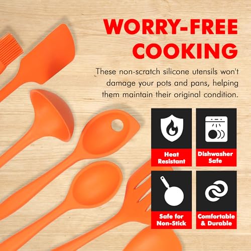 7 Piece Silicone Kitchen Tool and Utensil Set (7 Piece Set / Orange)