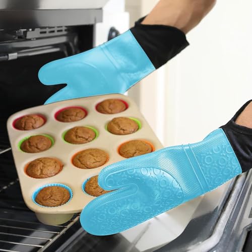 BPA Free Soft Silicone Oven Mitts (Aqua / 2-Piece 14.7" Oven Mitts)