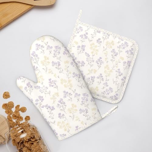 Oven Mitts Pot Holders Set Pastel Flower Pattern Silicone Kitchen Gloves Potholders Heat Resistant for Chef Baking Cooking Grilling BBQ 4 Pack Mitt (B0115)