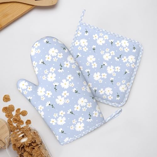 Oven Mitts Pot Holders Set Daisy Flower Pastel Silicone Kitchen Gloves Potholders Heat Resistant for Chef Baking Cooking Grilling BBQ 4 Pack Mitt (C07)