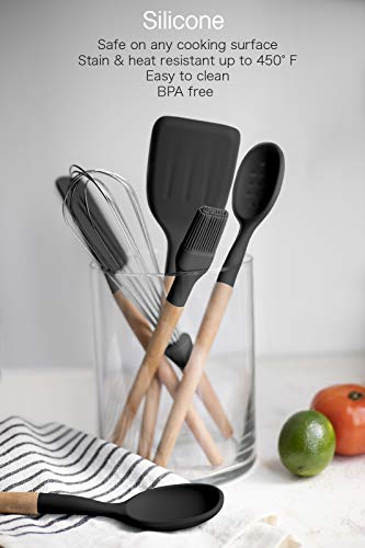 Non Stick Silicone Utensil Set with Rounded Wood Handles for Cooking and Baking (6 Piece Set / Black)