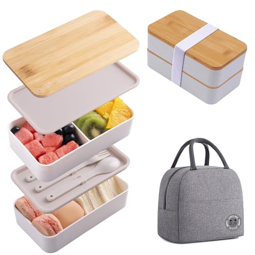 Stackable Lunch Container with Bamboo Lid Bento Box for Adult with Lunch Bag and Flatware Set