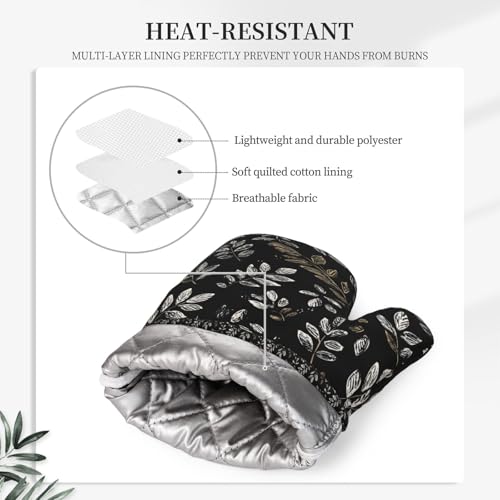 Oven Mitts Pot Holders Set Boho Black Leaf Pattern Silicone Kitchen Gloves Potholders Heat Resistant for Chef Baking Cooking Grilling BBQ 4 Pack Mitt (B0112)