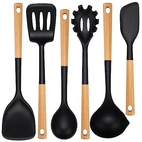 6 Pcs Silicone Kitchen Utensils Set Wood Handle BPA