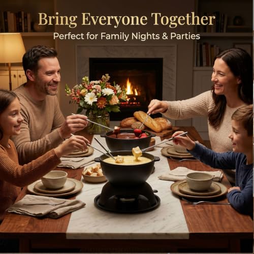 11 Piece Cast Iron Fondue Set with Adjustable Burner 6 Colored Forks
