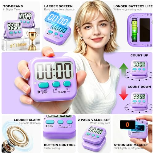 2 Pack Digital Timer for Kids Classroom Kitchen Timers for Cooking (1 * Fresh Purple)
