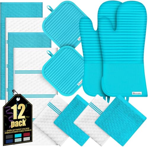 Oven Mitts Kitchen Towels and Dishcloths with Pot Holders Sets (Lake Blue)