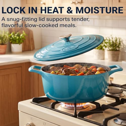 La Cuisine Enameled Cast Iron Oval Dutch Oven Casserole Pot with Lid 6.75 QT Internal Matte Black Enamel Coating for bread baking For GlassTop Oven (6.75 QT Oval / Teal)