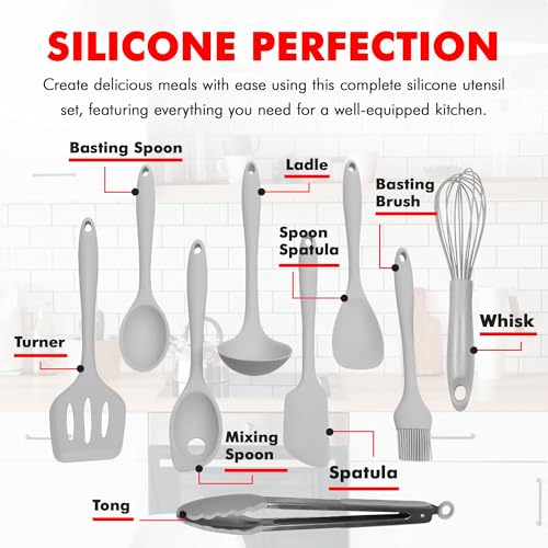 Premium Silicone Kitchen Tools and Utensils Set (9 Piece Set / Gray)